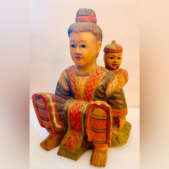 Antique Wood Sculpture Tibetan Statue Figure Mother Carrying Child 1920’s RARE - Picture 1 of 8